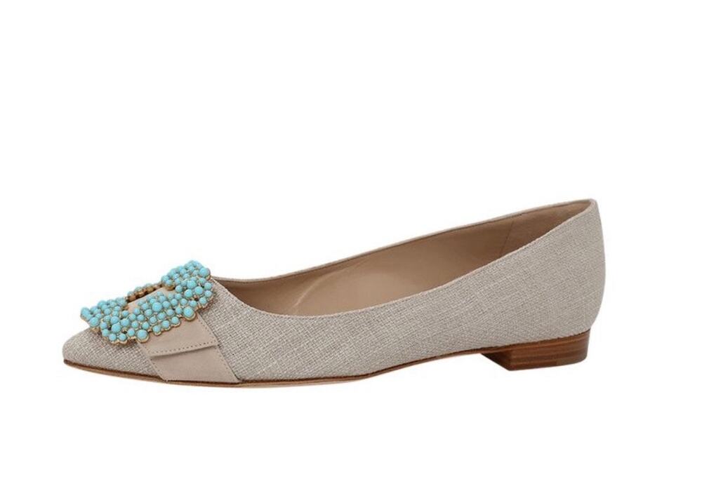 Manolo Blahnik Gibiflat in Natural and Turquiose